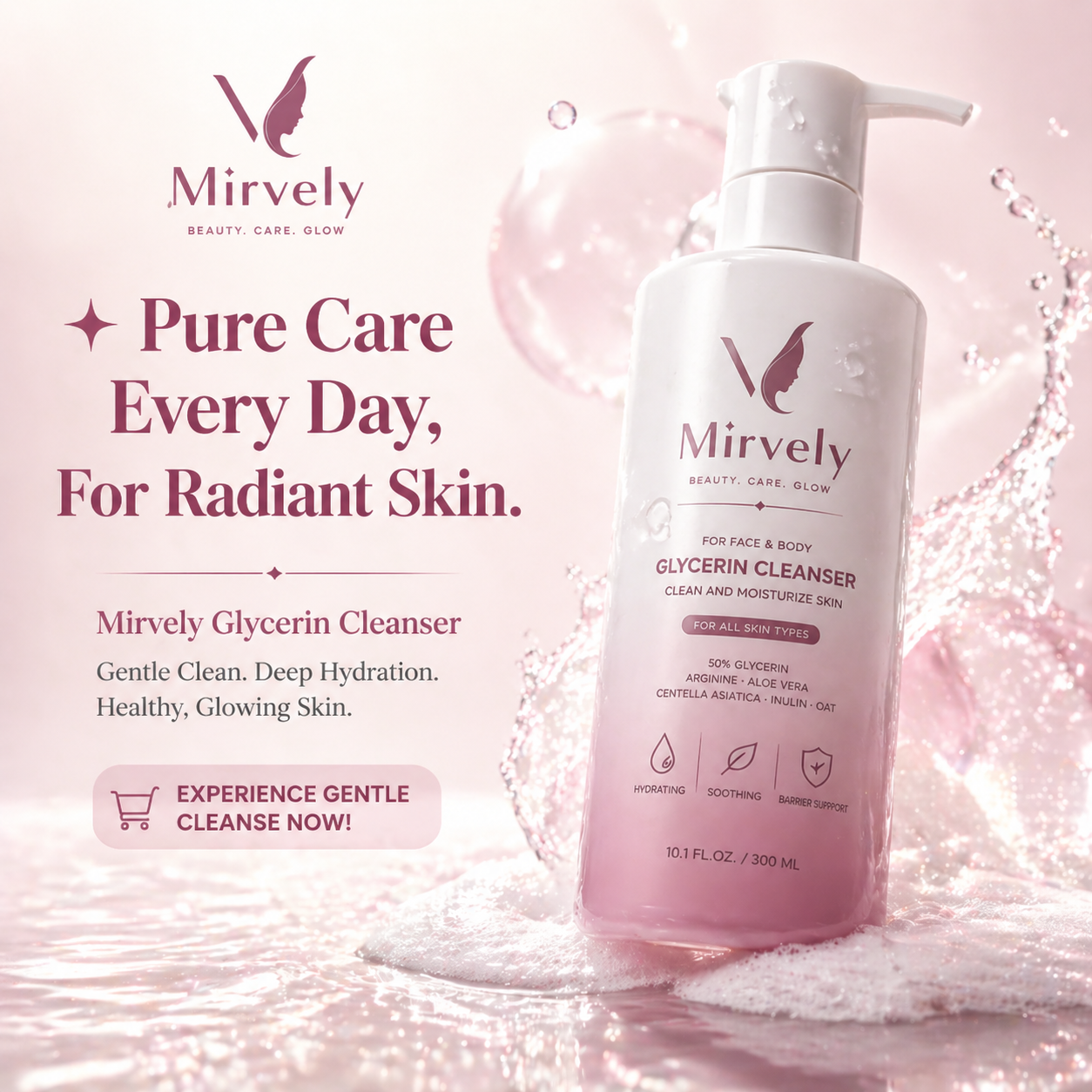 Experience 24-hour moisture, say goodbye to tightness after cleansing - Mirvely "50% Glycerin Facial Cleanser"
