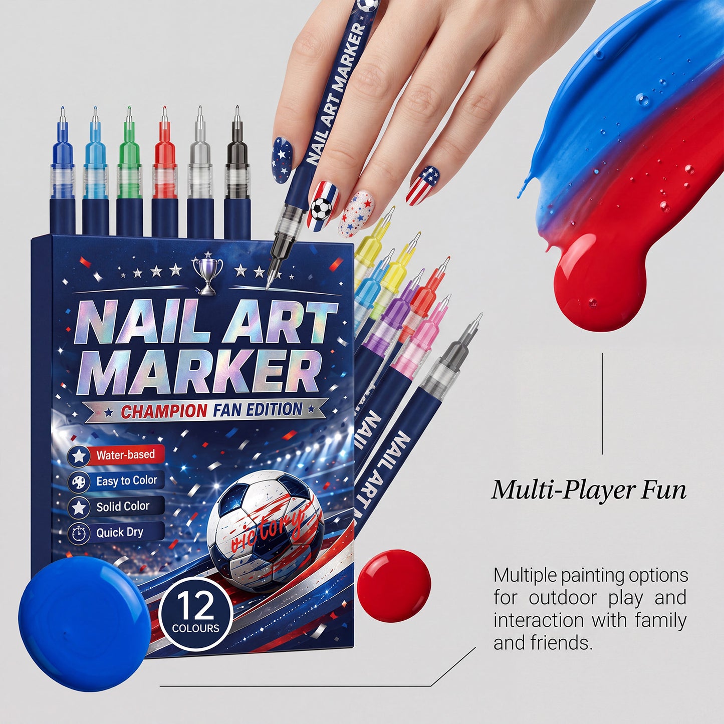 12 vibrant fan-edition nail art pens. Fast-drying — no UV lamp needed.