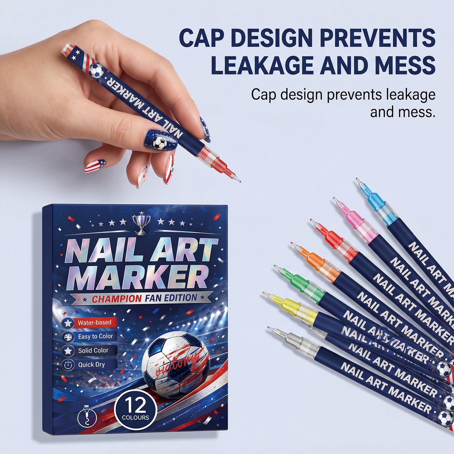 12 vibrant fan-edition nail art pens. Fast-drying — no UV lamp needed.