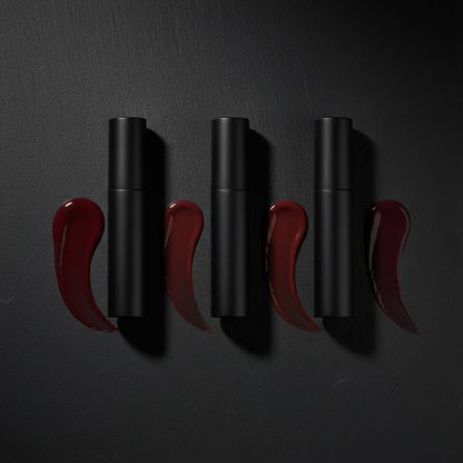 Three matte black tube lip glosses flat lay with shade swatches