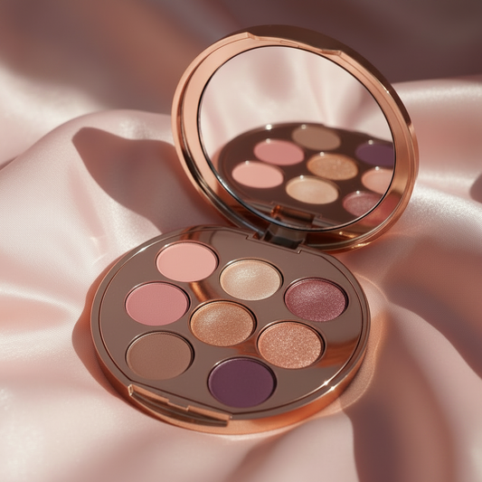 Variant 1 – Rose Mauve edition round rose gold eyeshadow palette open on pink satin
