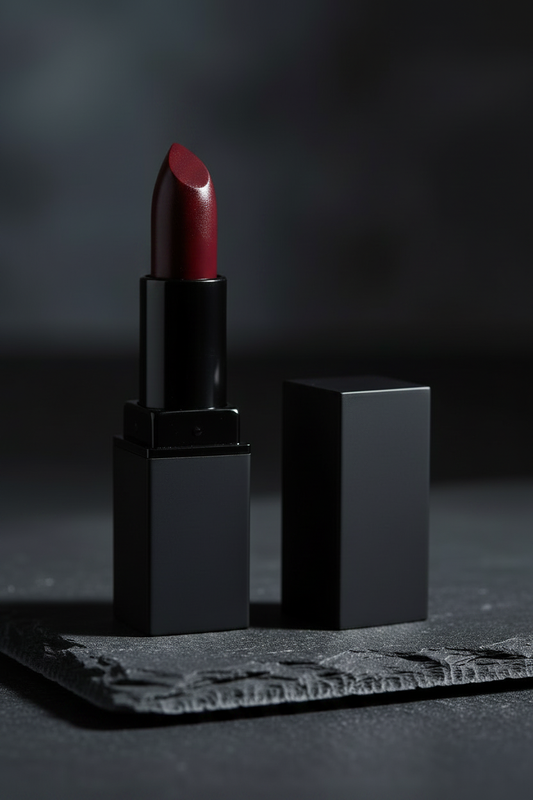 Variant 1 – True Red square matte black tube lipstick on dark slate