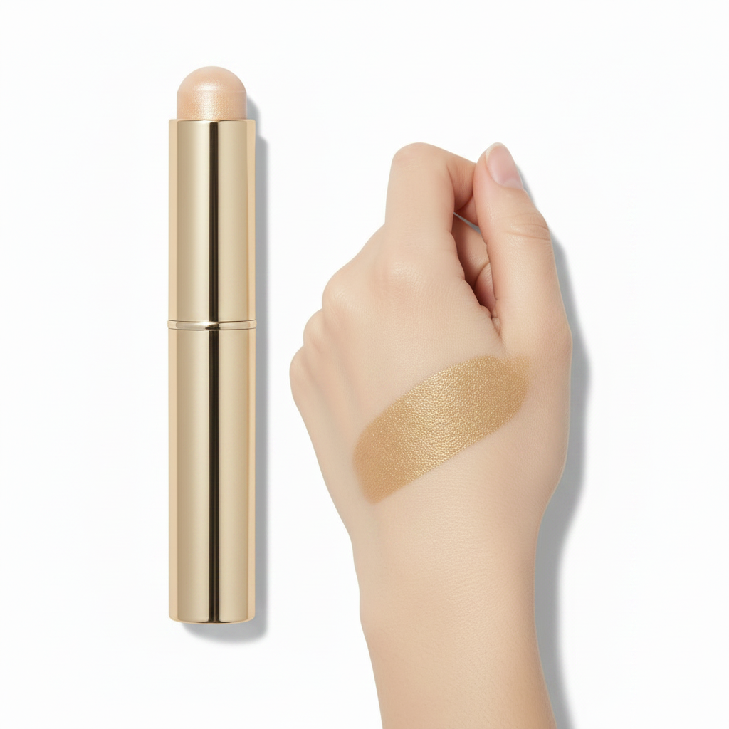 Variant 2 – Champagne Gold twist-up highlighter stick with hand swatch