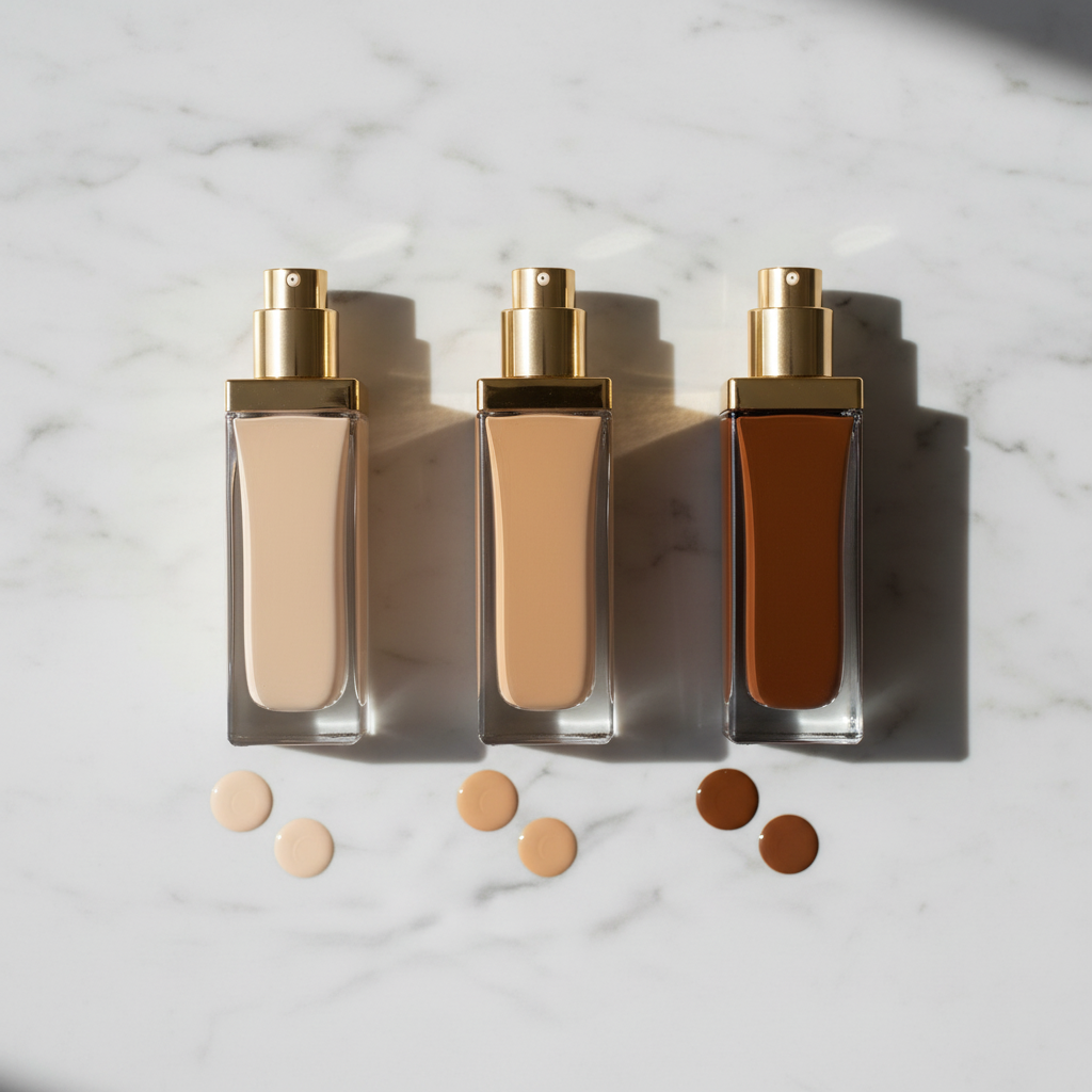 Three square glass gold pump foundation bottles flat lay top view