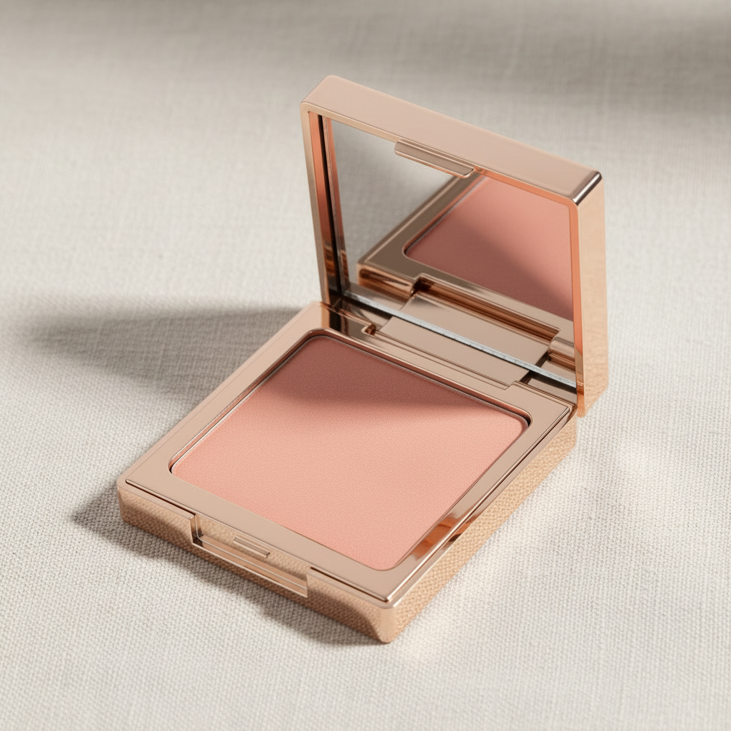Rose gold compact open – 45 degree side angle lifestyle view