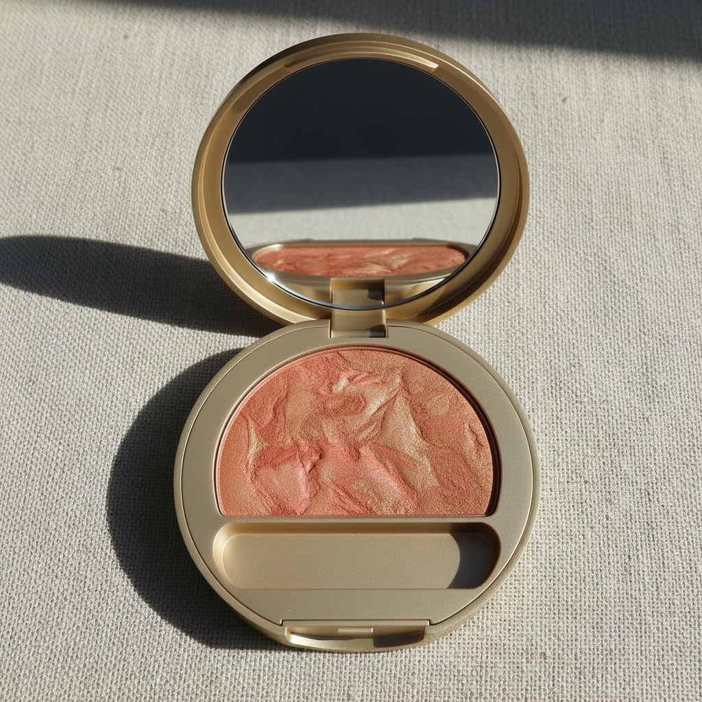 Gold compact open 3/4 angle close-up showing mirror and baked powder detail