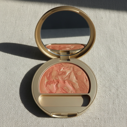 Gold compact open 3/4 angle close-up showing mirror and baked powder detail