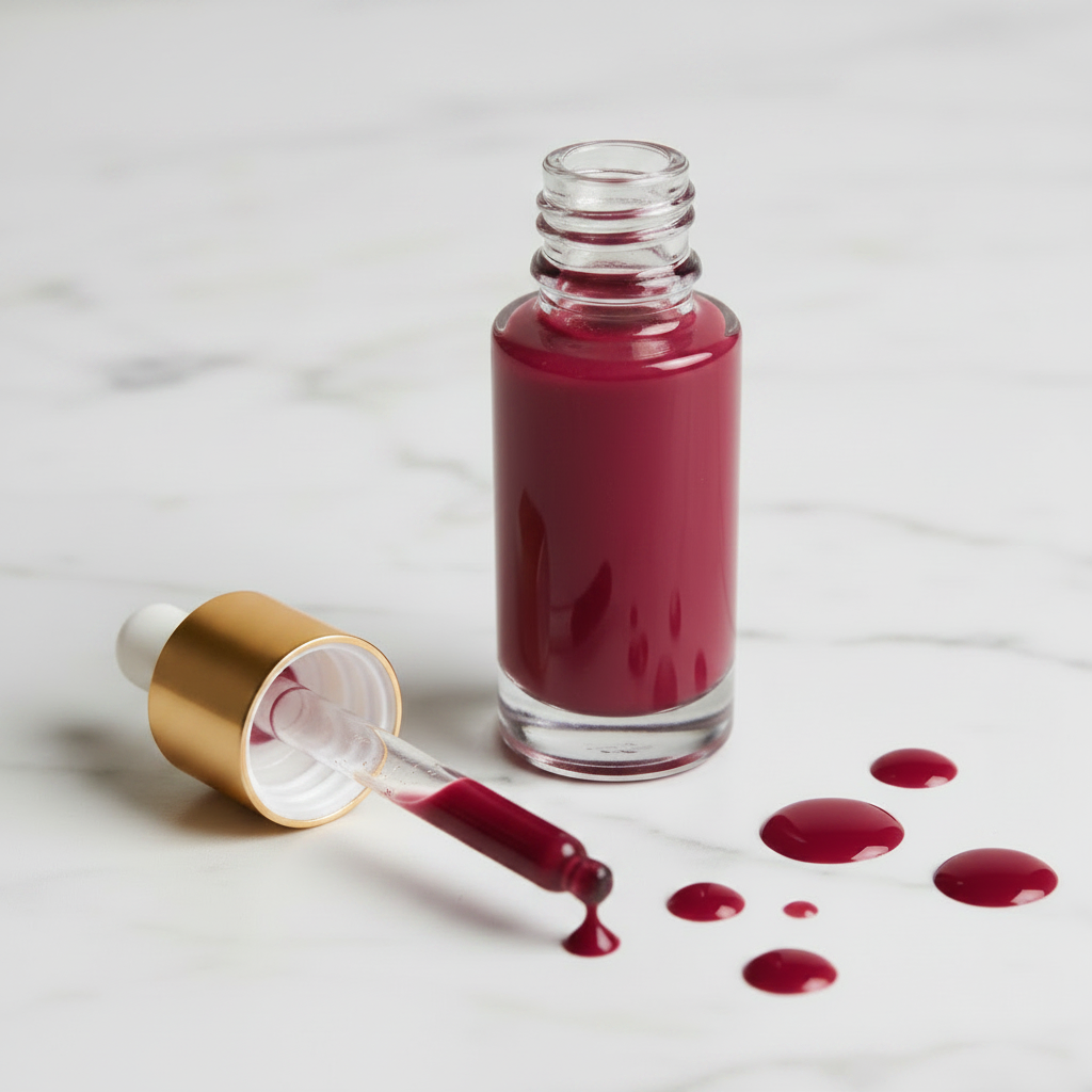 Close-up side angle of deep burgundy dropper bottle showing drop falling