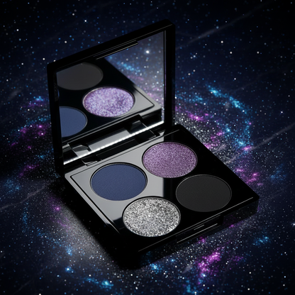 Variant 1 – Galaxy Night edition matte black quad palette open on dark marble