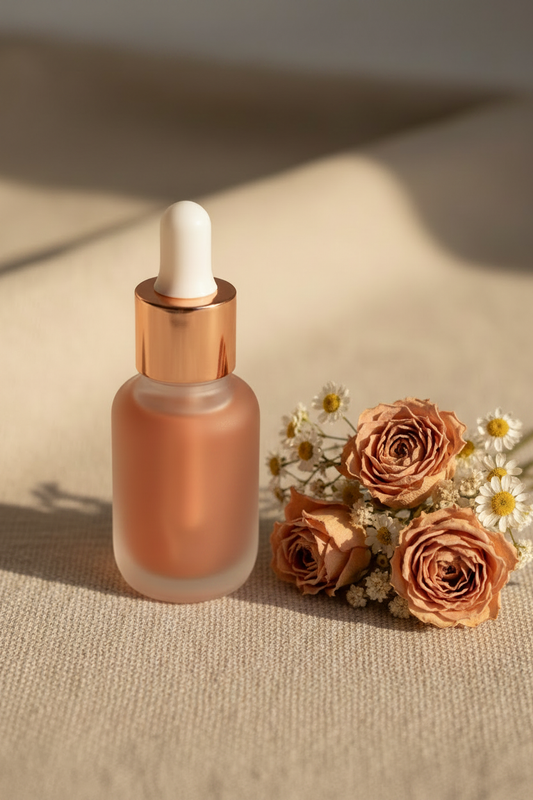 Variant 2 – Peachy Nude tinted lip oil in frosted glass dropper bottle