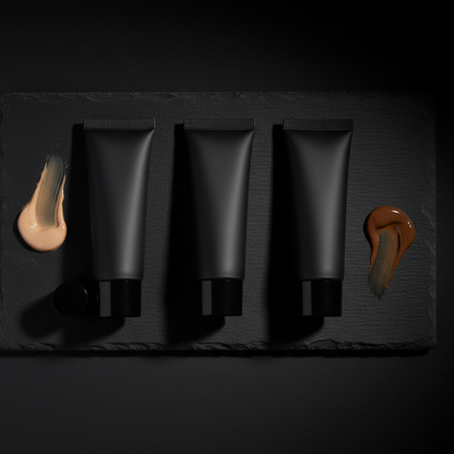 Three matte black foundation tubes flat lay with shade swatches