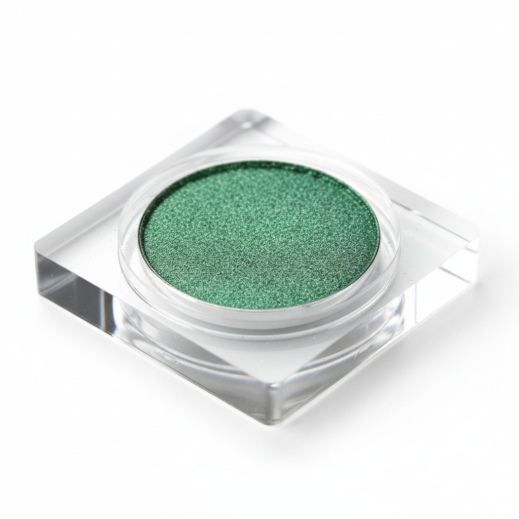 Emerald green eyeshadow pan 45-degree side angle close-up showing powder depth and shimmer texture