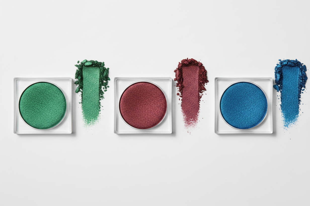 Three single eyeshadow pans in emerald, burgundy and cobalt flat lay