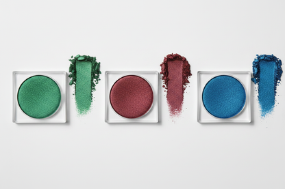 Three single eyeshadow pans in emerald, burgundy and cobalt flat lay