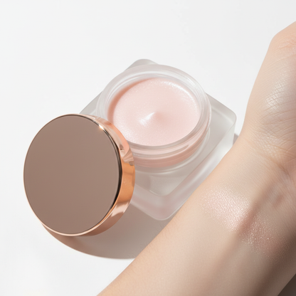 Cream highlighter pot 3/4 angle close-up showing dome texture and shimmer particles