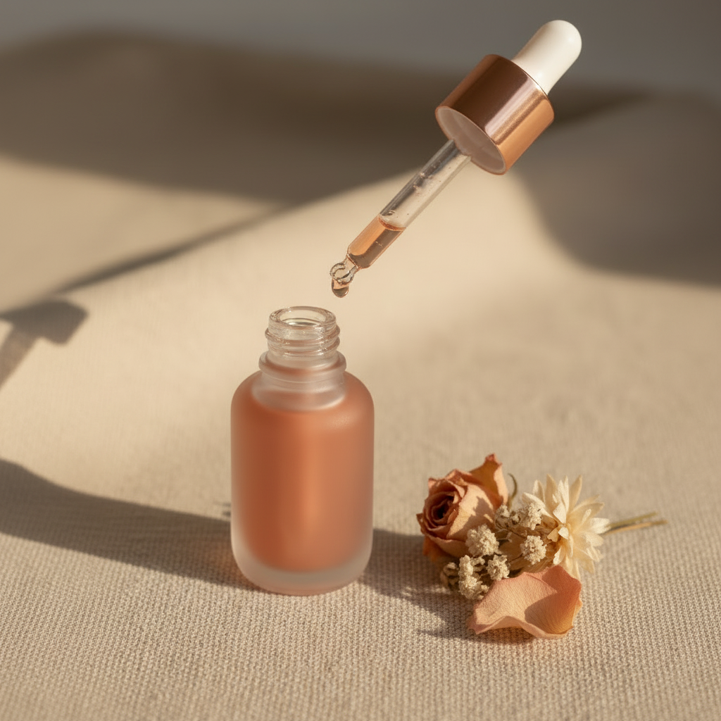 Frosted glass dropper lip oil 3/4 angle close-up showing dropper wand with oil drop