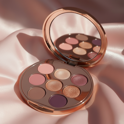 Rose gold round eyeshadow palette open 3/4 angle close-up showing mirror and pan textures
