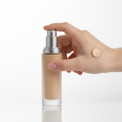 Frosted glass pump foundation 45-degree angle close-up with foundation swatch on hand