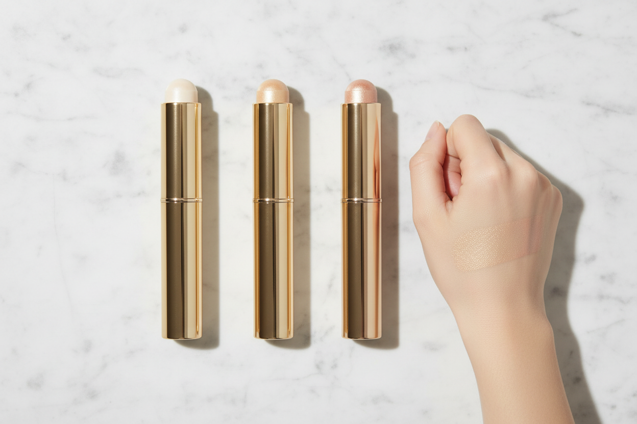 Three gold twist-up highlighter sticks flat lay top view
