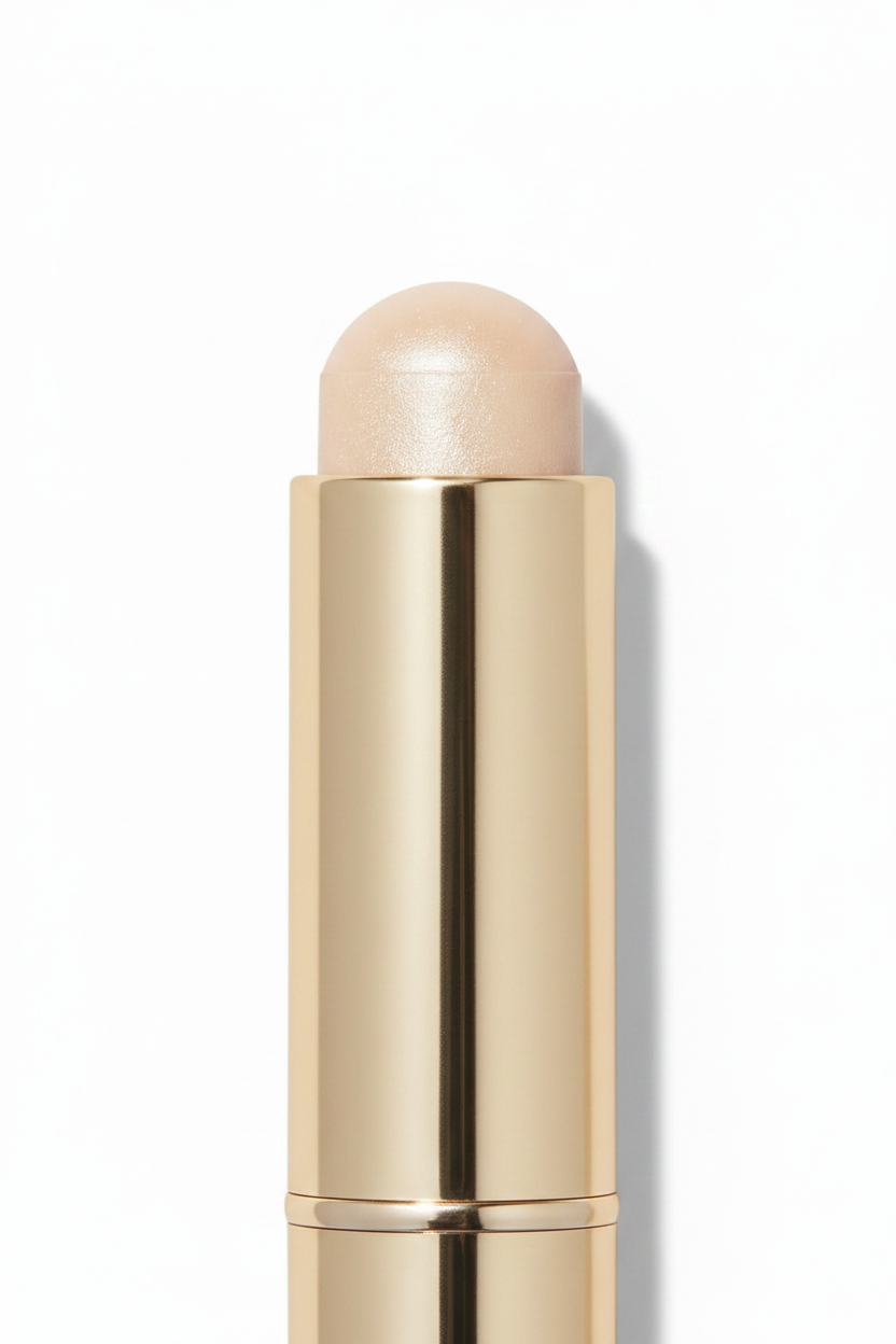 Gold twist-up highlighter stick 45-degree close-up showing dome tip shimmer texture