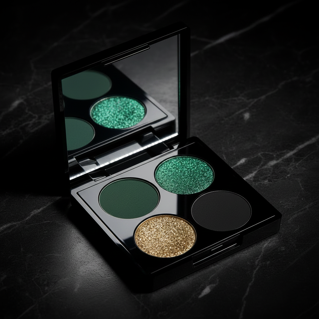Variant 2 – Enchanted Forest edition matte black quad palette open on dark marble