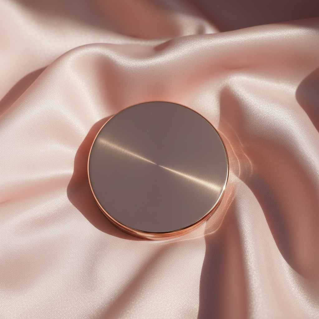 Rose gold round eyeshadow palette closed top-down flat lay on pink satin