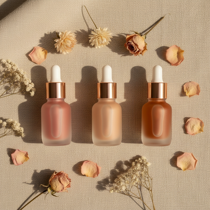 Three frosted glass dropper lip oil bottles flat lay with dried flowers