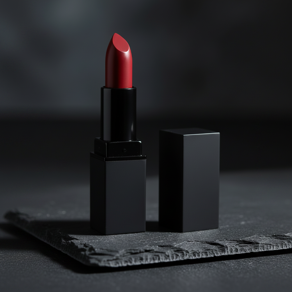 Square matte black lipstick 3/4 angle close-up showing true red satin bullet tip and tube edge detail