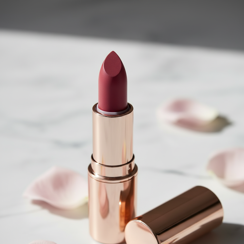 Rose gold bullet lipstick close-up macro showing matte bullet tip and tube detail