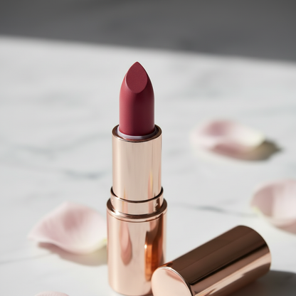 Rose gold bullet lipstick close-up macro showing matte bullet tip and tube detail