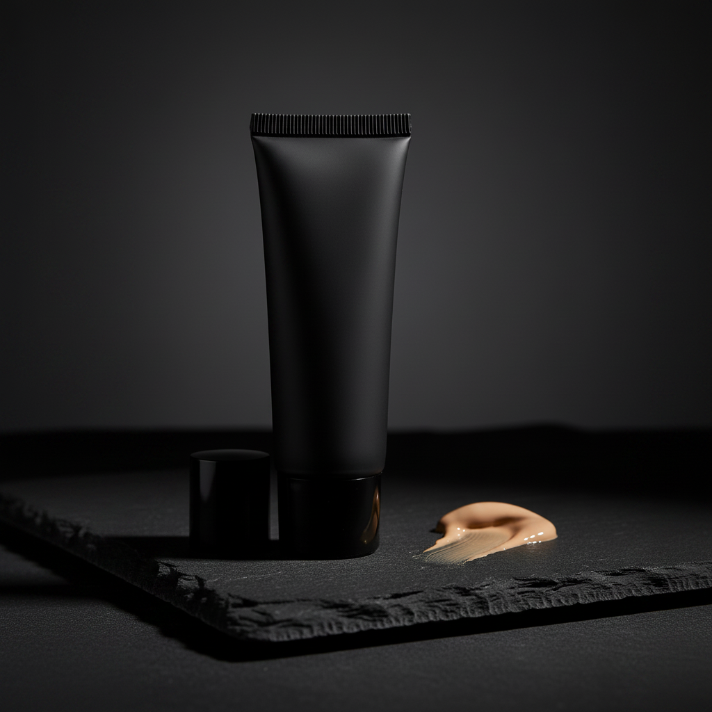 Matte black tube foundation 3/4 angle close-up showing ribbed cap and tube texture
